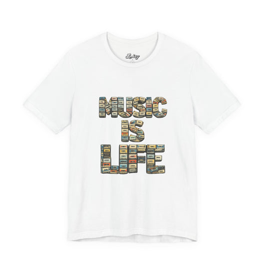 Music Is Life T‑Shirt — Vintage Cassette Typography Tee for Music Lovers