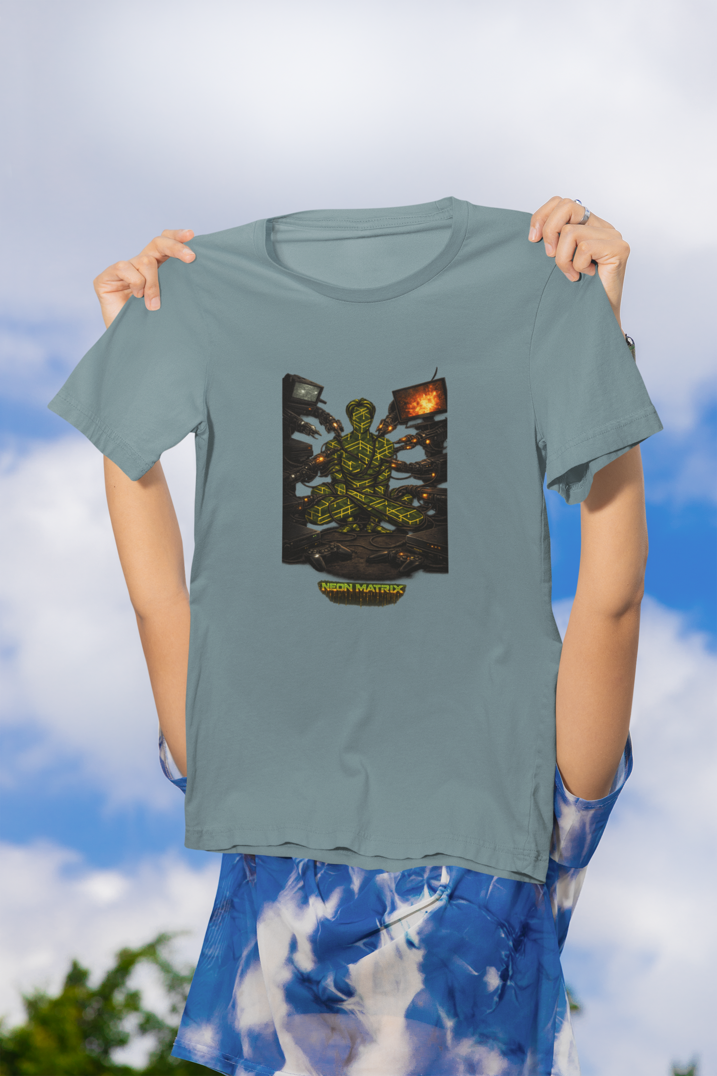 Cyber Monk Graphic Tee — Neon Matrix Meditation T-Shirt