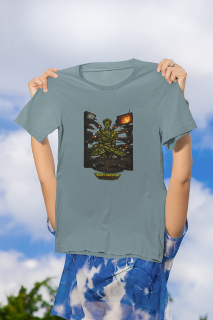 Cyber Monk Graphic Tee — Neon Matrix Meditation T-Shirt