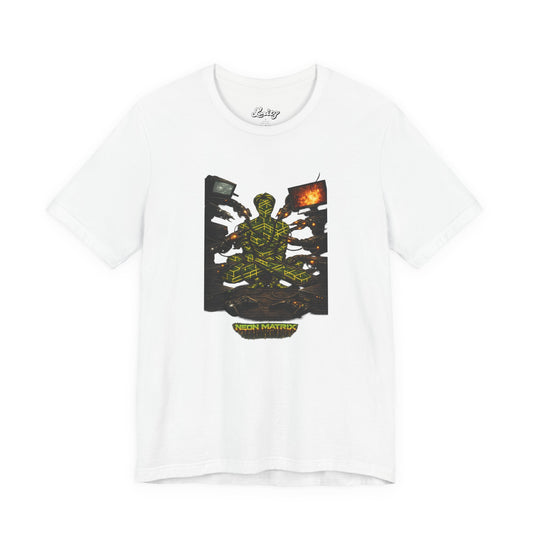 Cyber Monk Graphic Tee — Neon Matrix Meditation T-Shirt