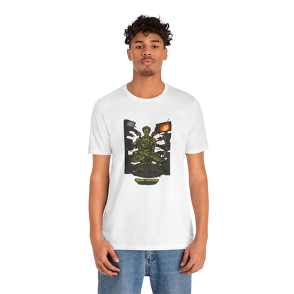 Cyber Monk Graphic Tee — Neon Matrix Meditation T-Shirt