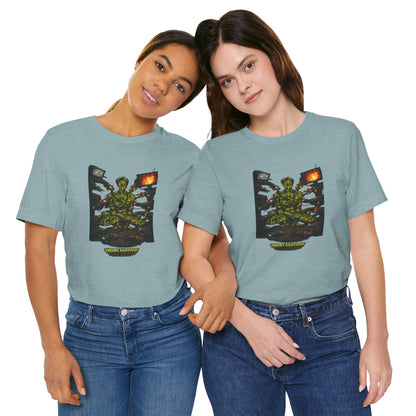 Cyber Monk Graphic Tee — Neon Matrix Meditation T-Shirt
