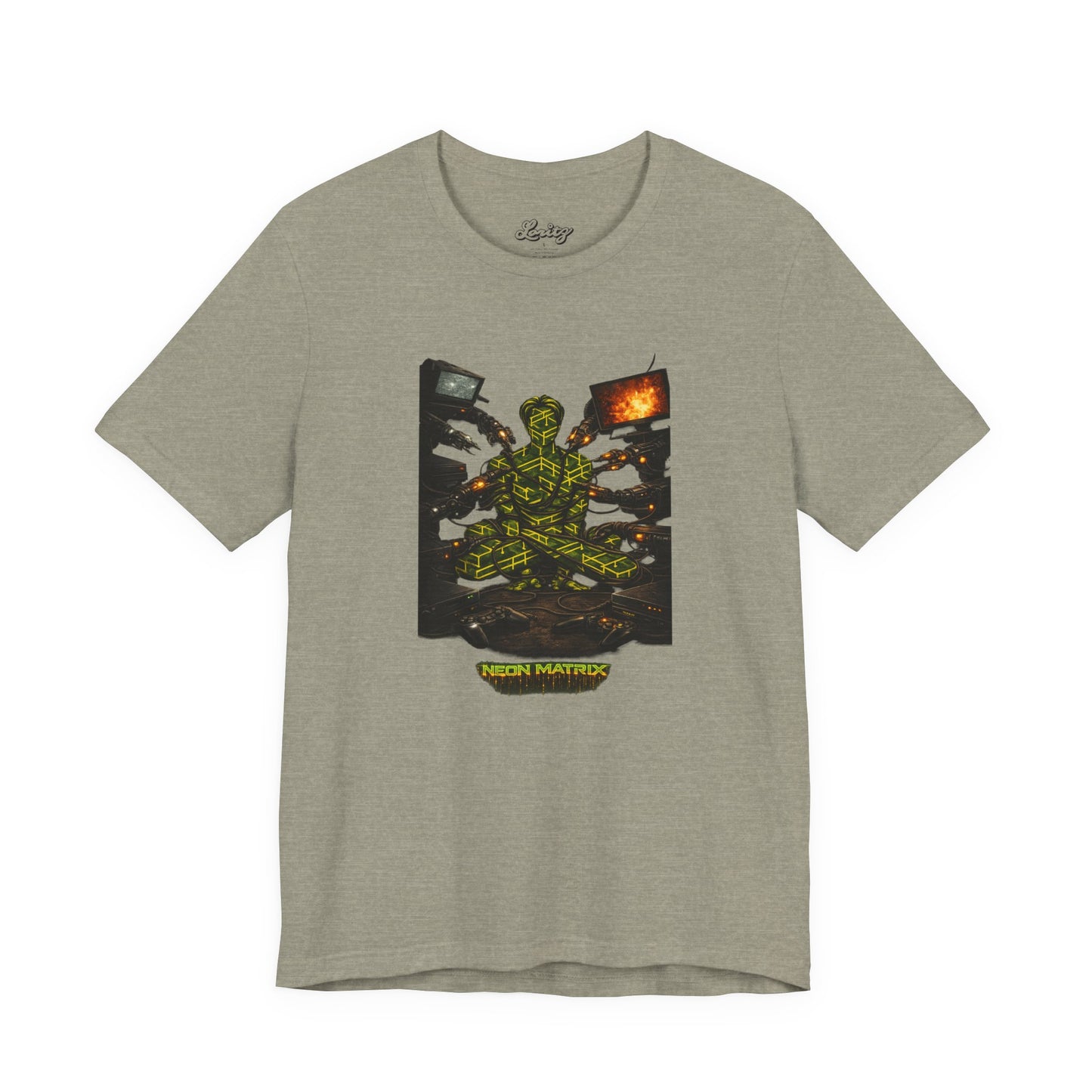 Cyber Monk Graphic Tee — Neon Matrix Meditation T-Shirt