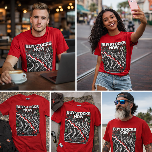 Buy Stocks Now Graphic Tee — Market Manipulation Tour Shirt