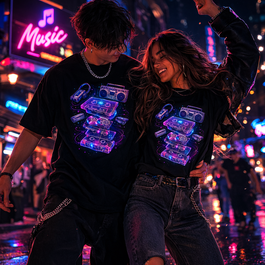 Retro Cassette Tape T-Shirt – Analog Music Graphic Tee, Neon Streetwear Shirt